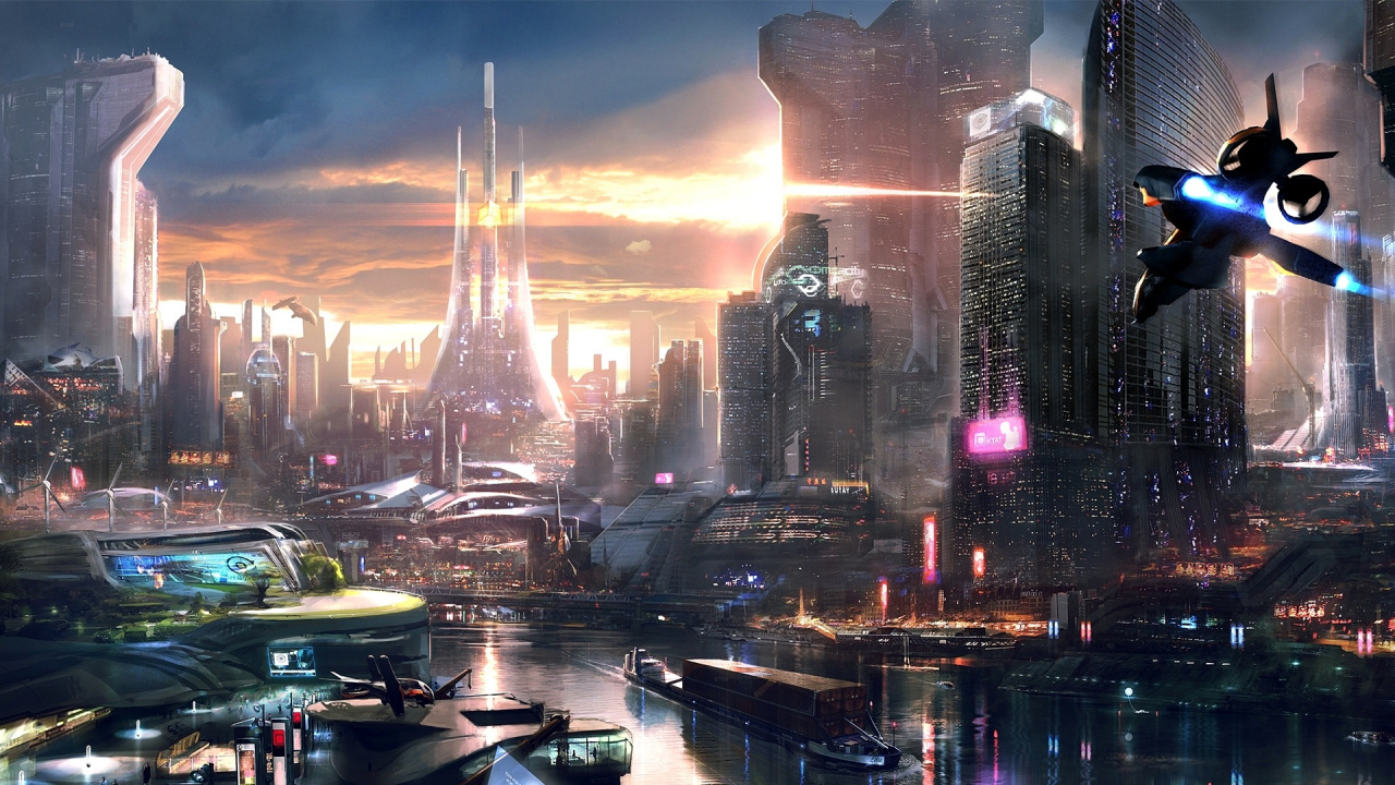 Обои концепт арт, арт, Киберпанк, артист, городской пейзаж в разрешении 1280x720