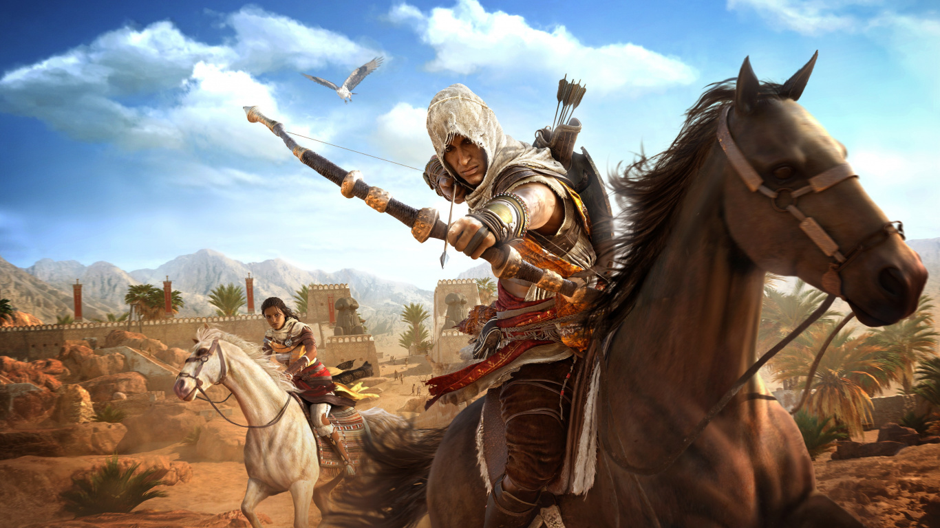 Обои assassins creed origins, ассассинс Крид братство, ubisoft, мифология, конь в разрешении 1366x768