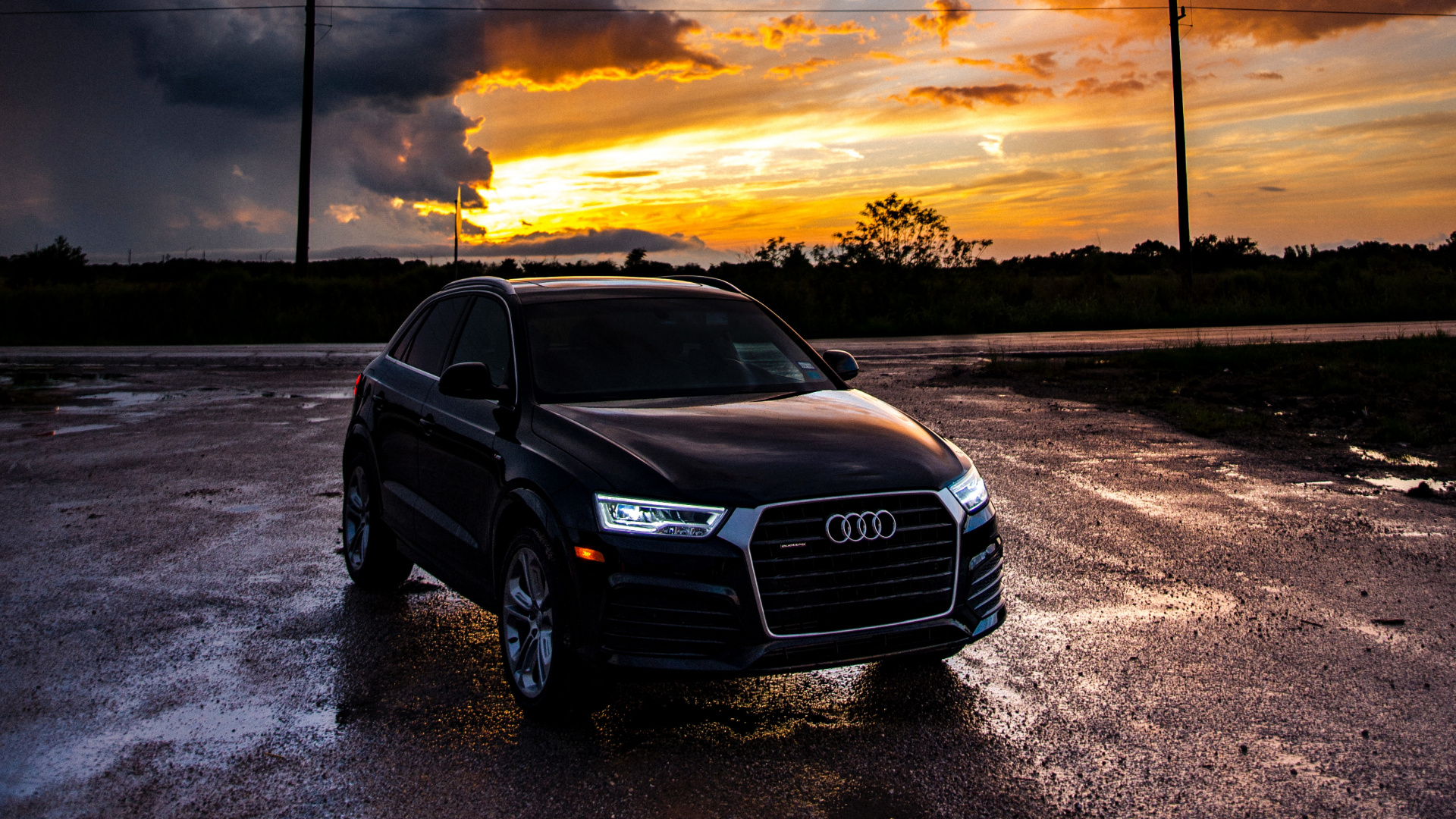 Обои авто, audi, облако, закат, дорога в разрешении 1920x1080