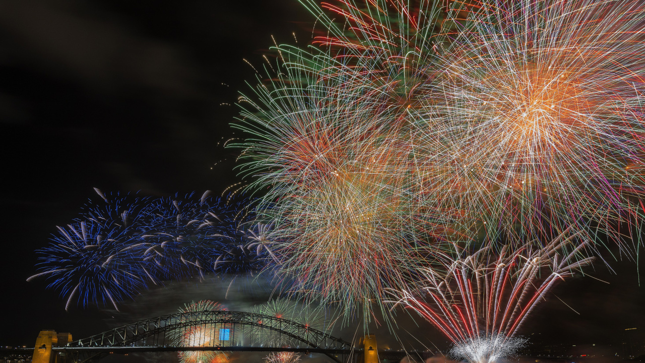 Обои мост Харбор Бридж, салют, событие, отражение, фестиваль в разрешении 1280x720