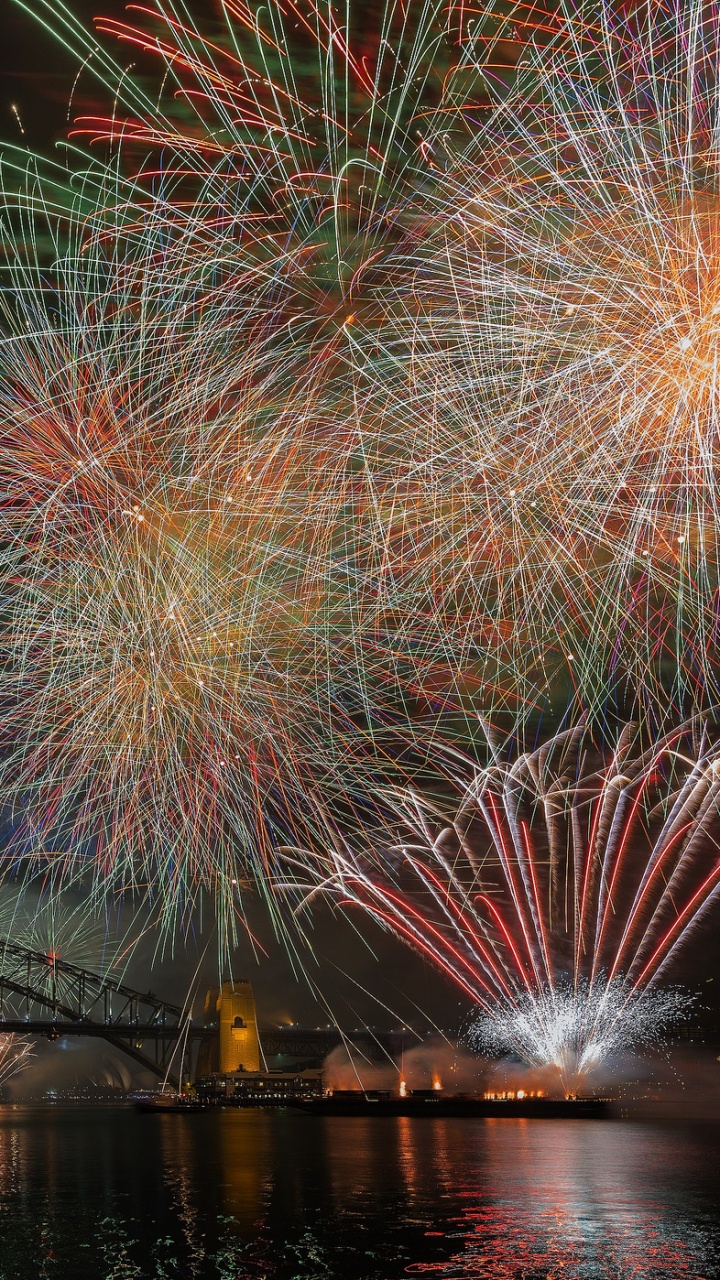 Обои мост Харбор Бридж, салют, событие, отражение, фестиваль в разрешении 720x1280