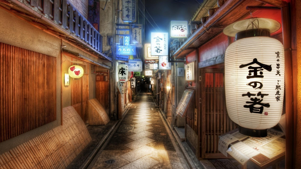 Обои аллея, улица, ночь, Токио, Киото в разрешении 1280x720