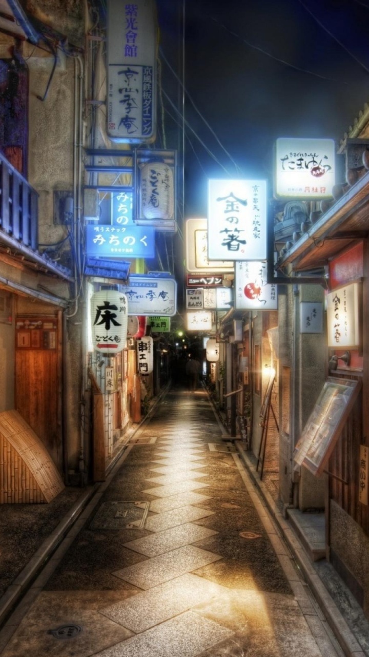 Обои аллея, улица, ночь, Токио, Киото в разрешении 720x1280