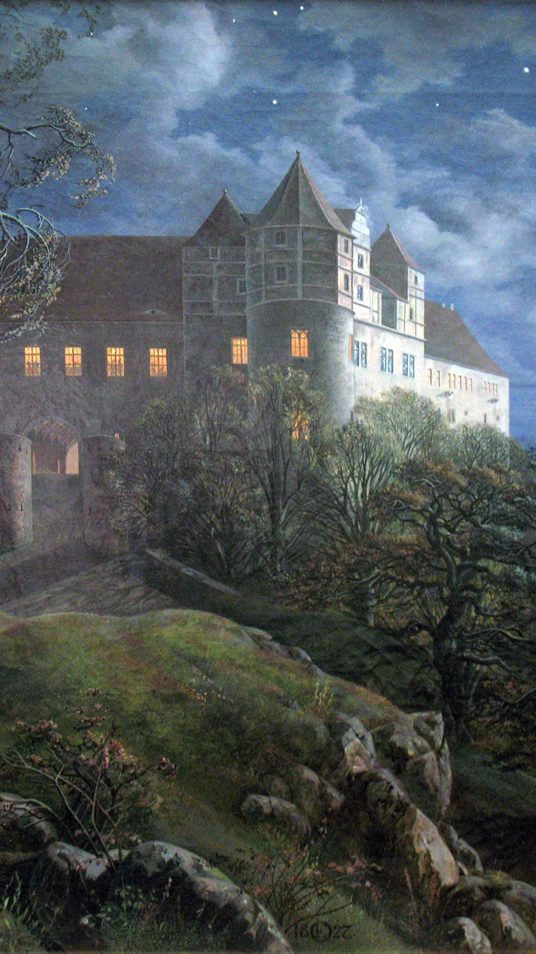 Обои Бург scharfenberg является ночью, Шествие в тумане, живопись, арт, масляная живопись в разрешении 1080x1920