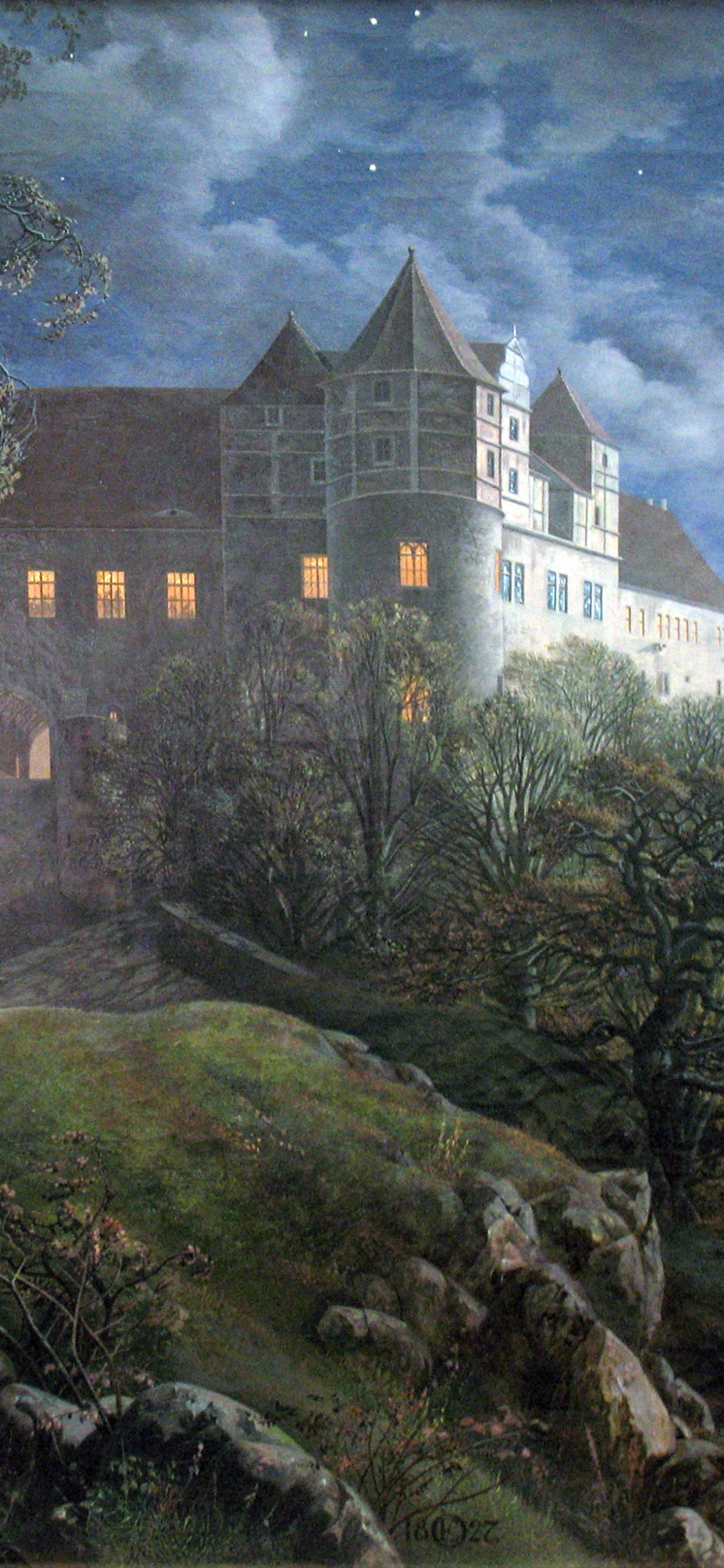 Обои Бург scharfenberg является ночью, Шествие в тумане, живопись, арт, масляная живопись в разрешении 1242x2688