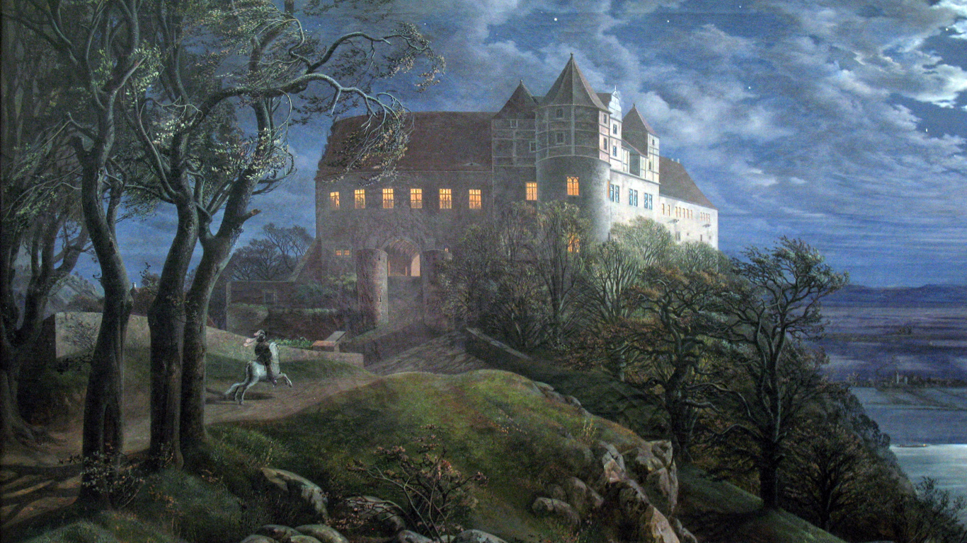 Обои Бург scharfenberg является ночью, Шествие в тумане, живопись, арт, масляная живопись в разрешении 1366x768