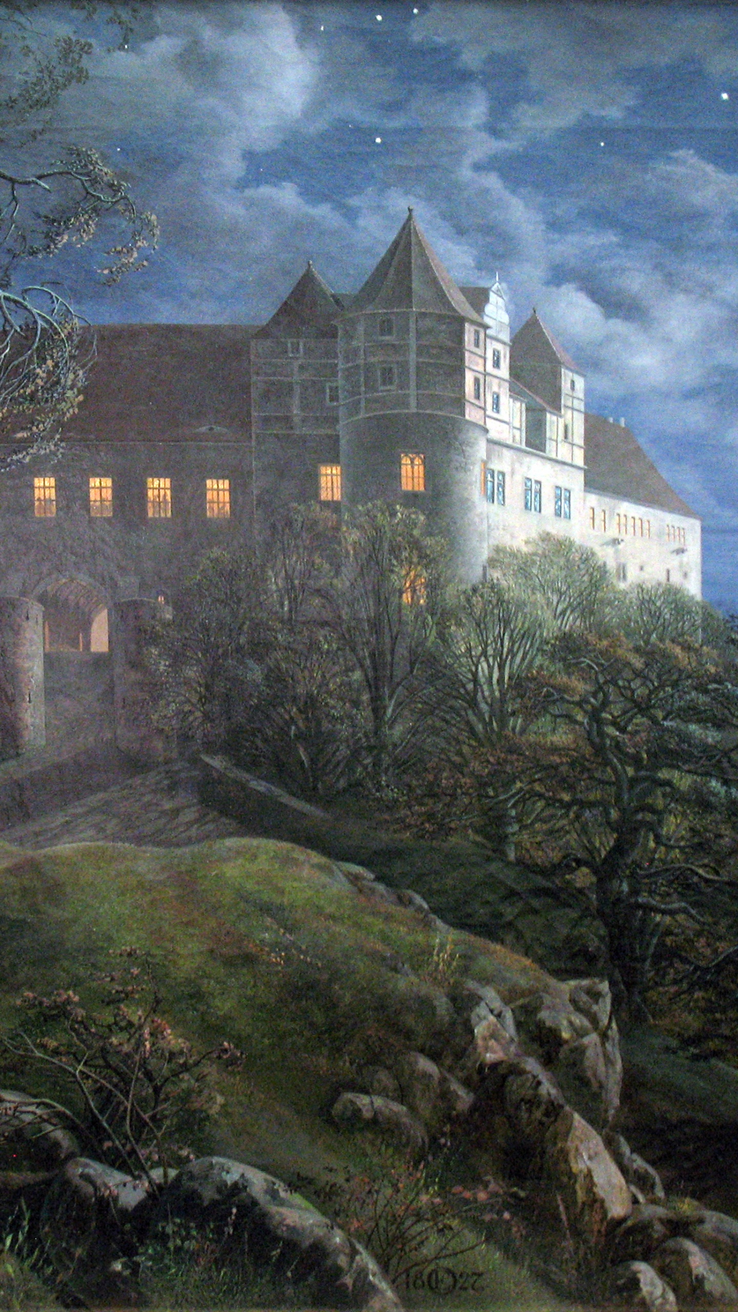 Обои Бург scharfenberg является ночью, Шествие в тумане, живопись, арт, масляная живопись в разрешении 1440x2560