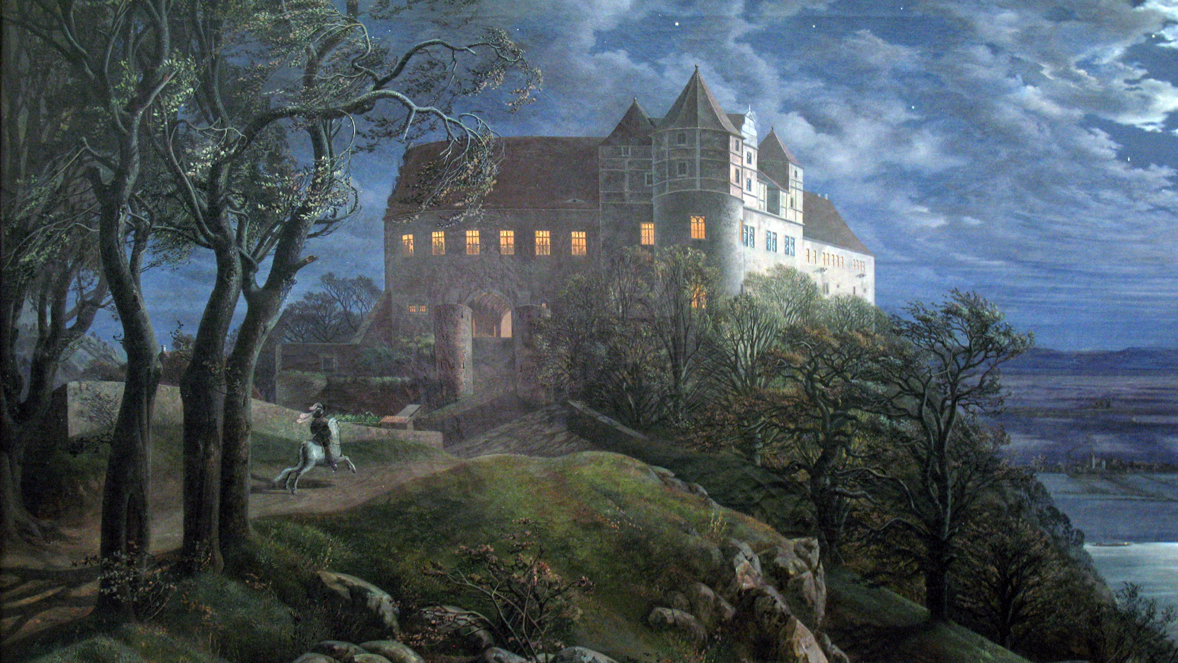 Обои Бург scharfenberg является ночью, Шествие в тумане, живопись, арт, масляная живопись в разрешении 3840x2160