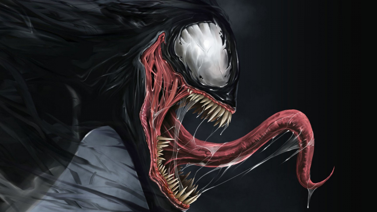 Обои веном, человек-паук, комиксы Марвел, рот, темнота в разрешении 1280x720