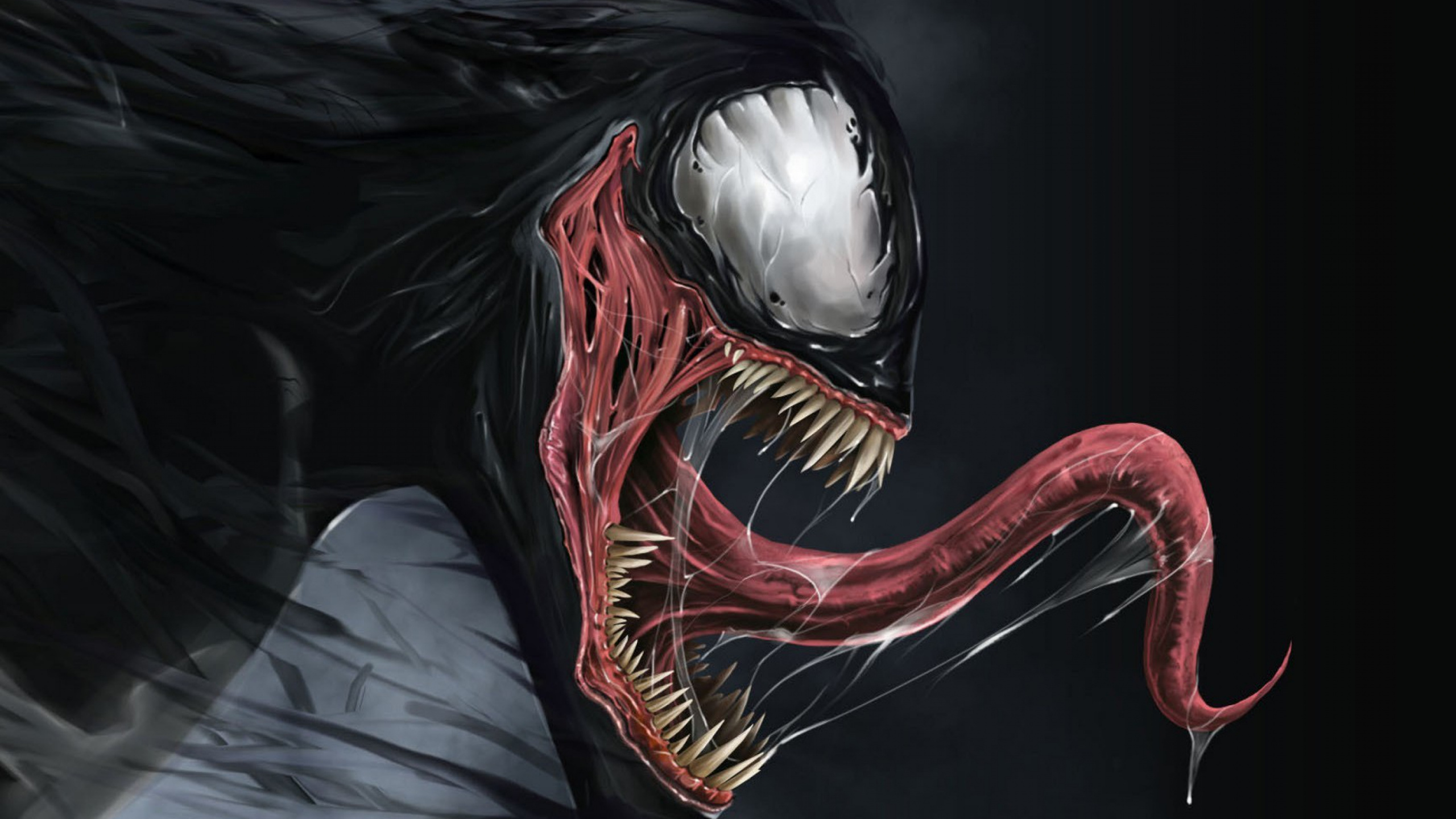 Обои веном, человек-паук, комиксы Марвел, рот, темнота в разрешении 2560x1440