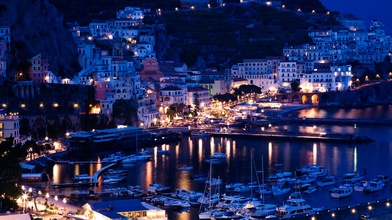 Обои Позитано, ночь, город, Марина, городок в разрешении 1280x720