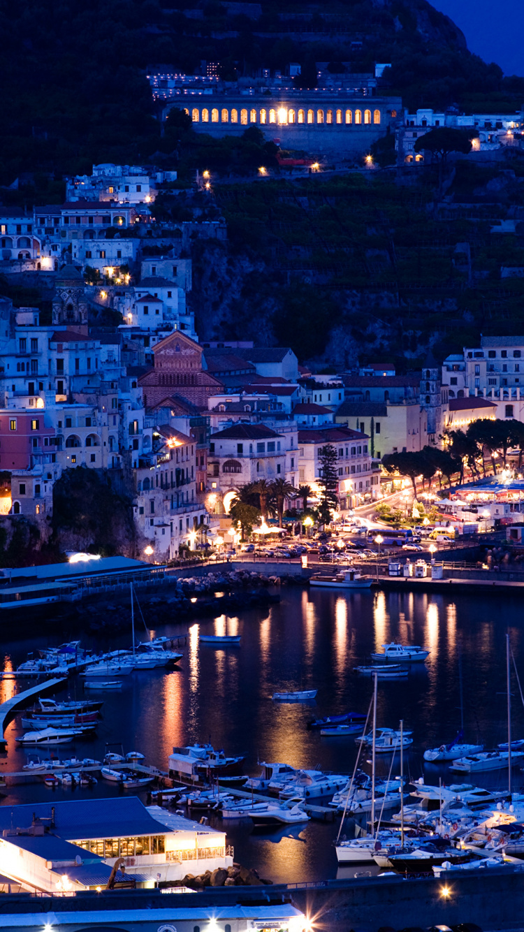 Обои Позитано, ночь, город, Марина, городок в разрешении 750x1334
