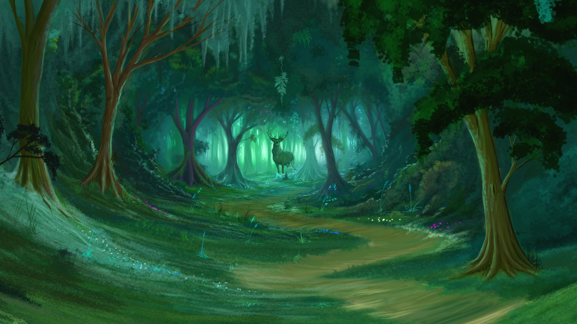 Обои картинка, лес, природа, зеленый, живопись в разрешении 1920x1080