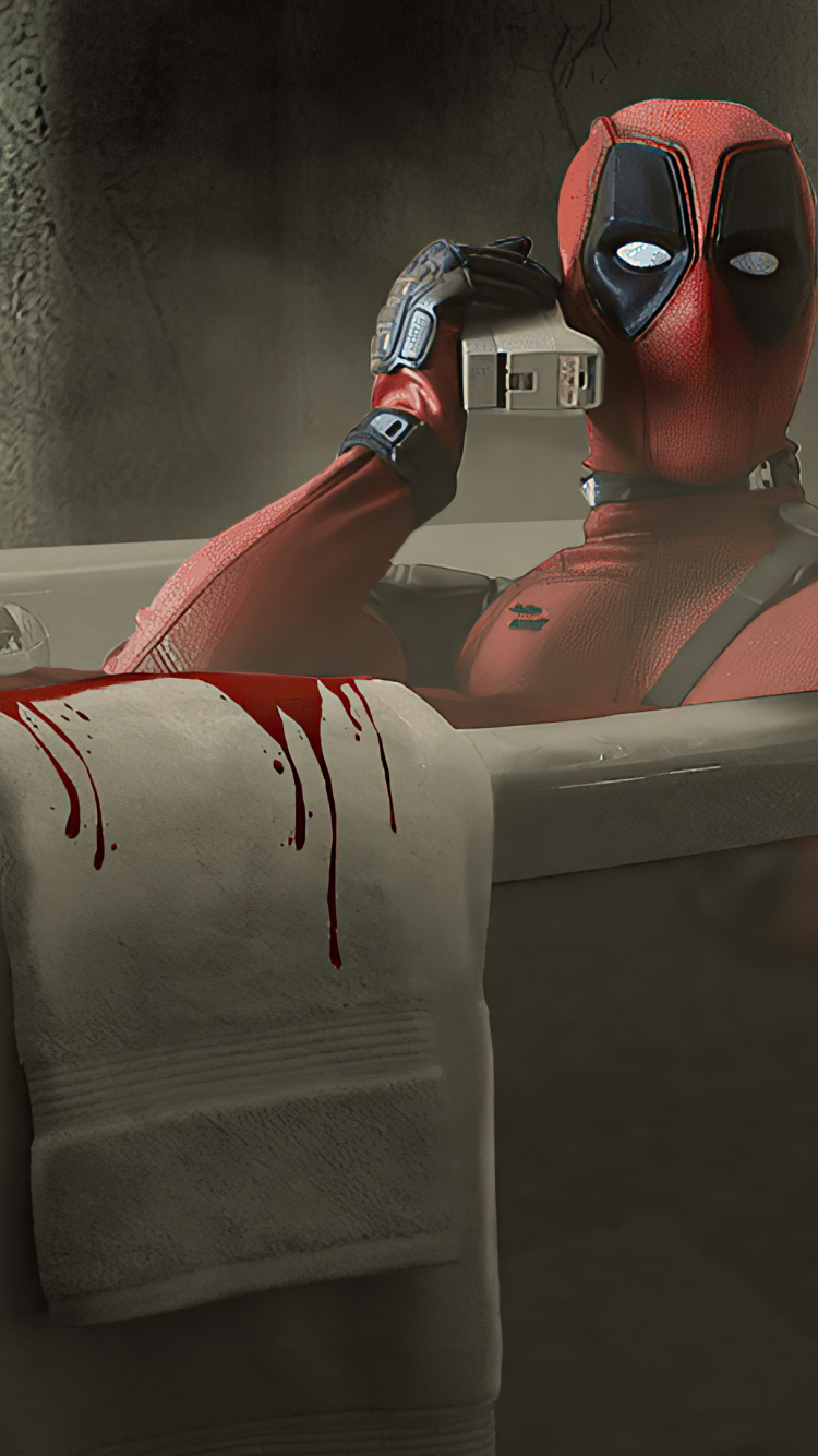 Обои дэдпул, очки, кармин, сундук, костюм в разрешении 750x1334