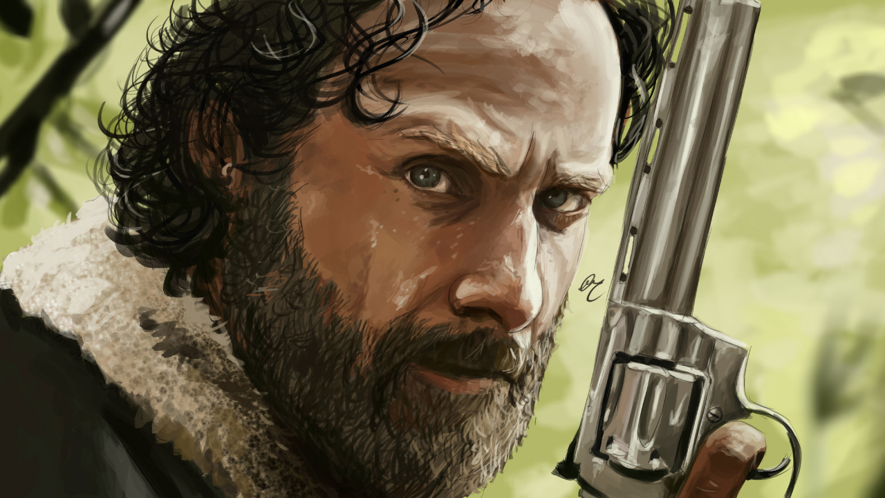 Обои Рик Граймс, Эндрю Линкольн, Ходячие мертвецы, арт, волосы на лице в разрешении 1280x720