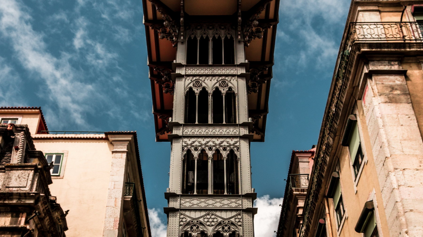 Обои подъемник санта-хуста, прекрасная святая, Замок Хорхе, носик элеватор, центр Лиссабона в разрешении 1366x768