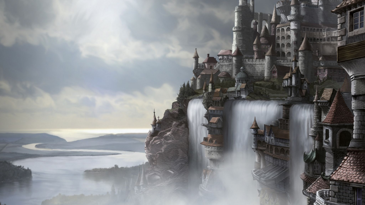 Обои водопад, фэнтези, город, замок, поток в разрешении 1280x720