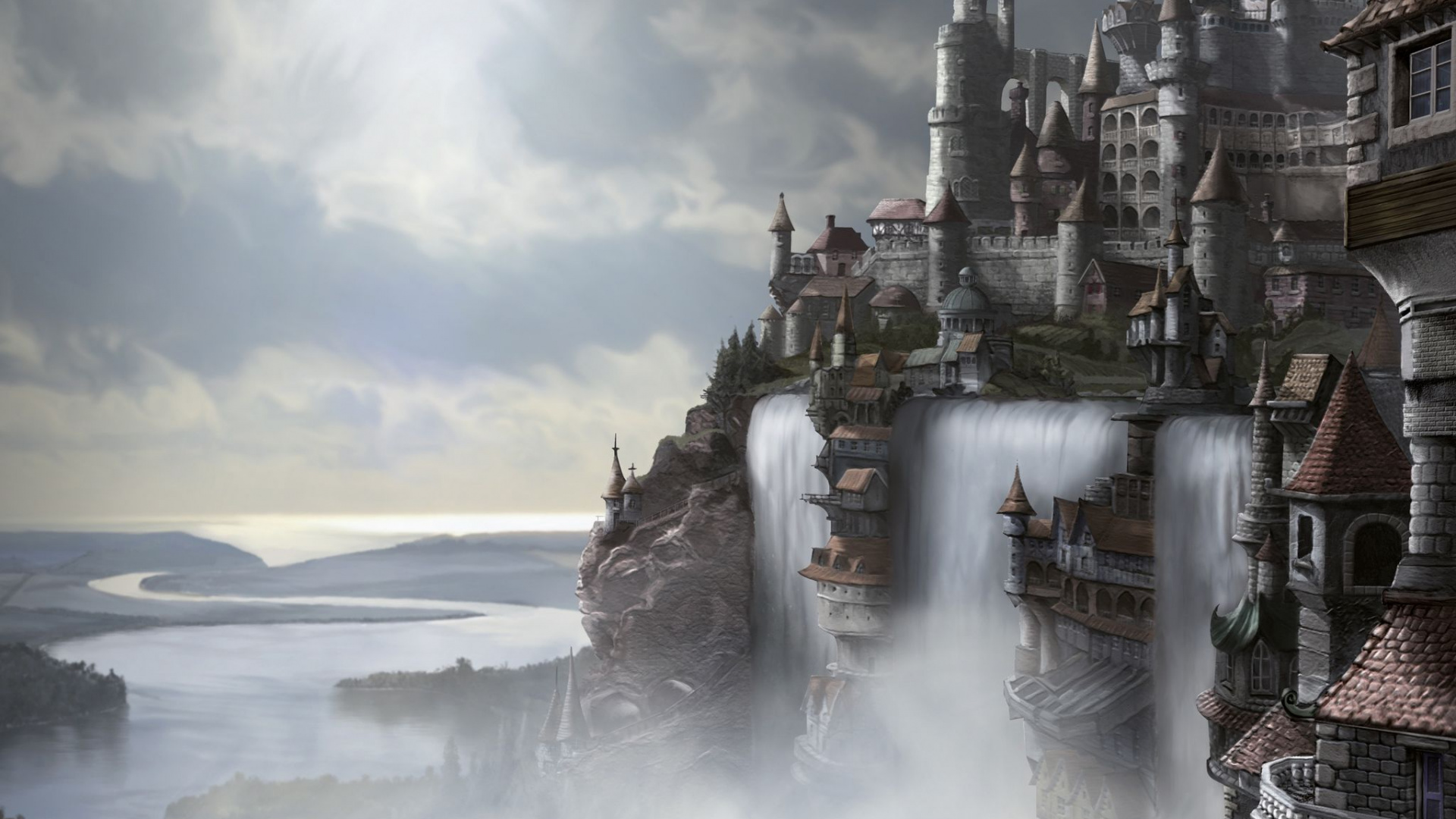 Обои водопад, фэнтези, город, замок, поток в разрешении 1920x1080