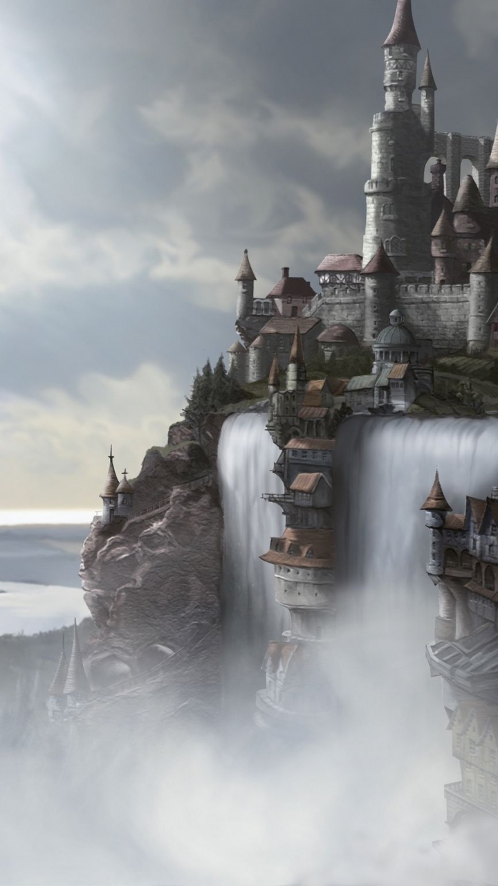 Обои водопад, фэнтези, город, замок, поток в разрешении 720x1280