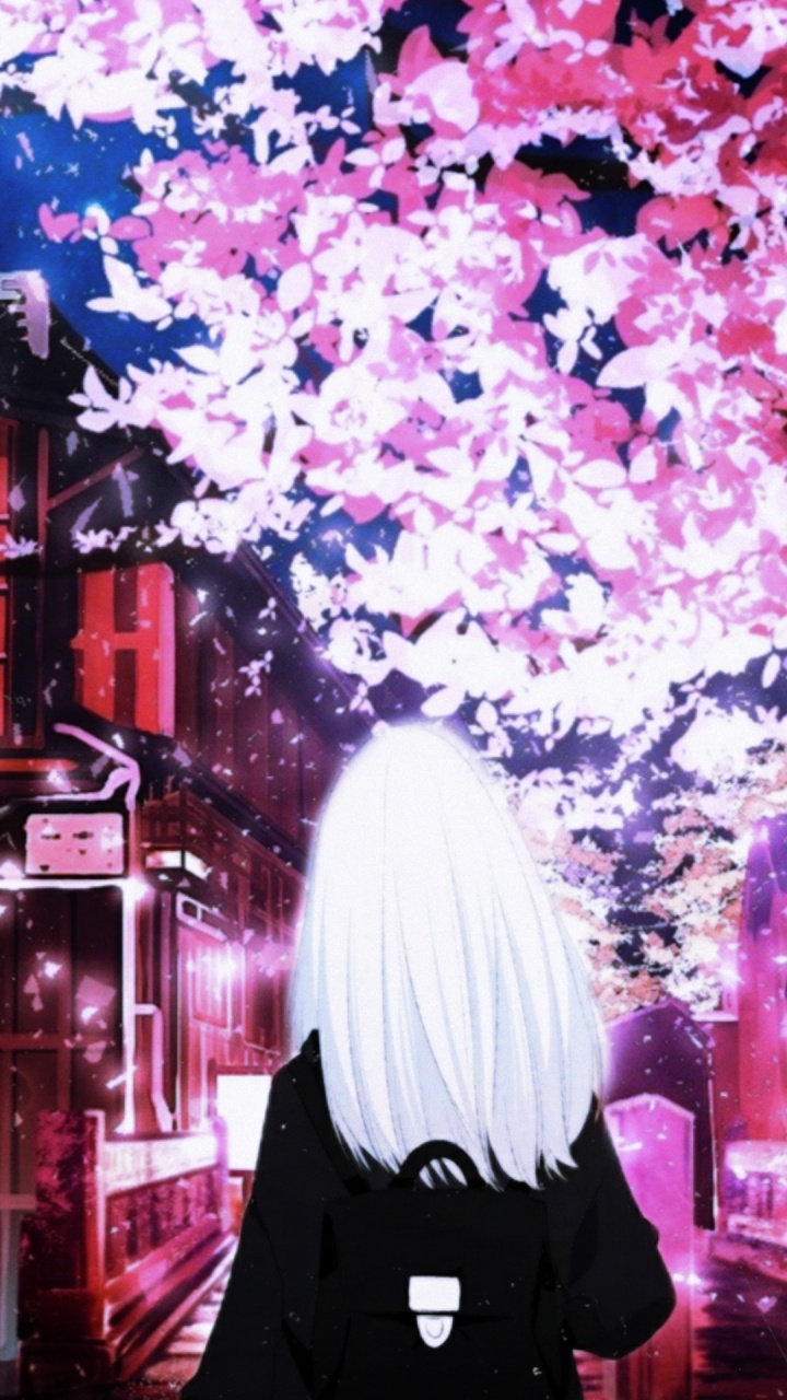 Обои аниме, анимедевушка, цветение вишни, расцвет, дерево в разрешении 720x1280