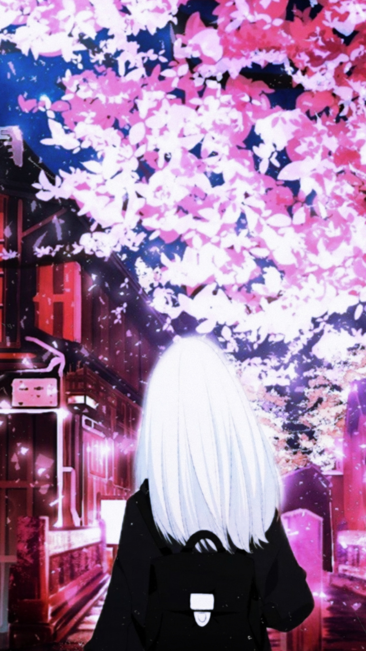 Обои аниме, анимедевушка, цветение вишни, расцвет, дерево в разрешении 750x1334