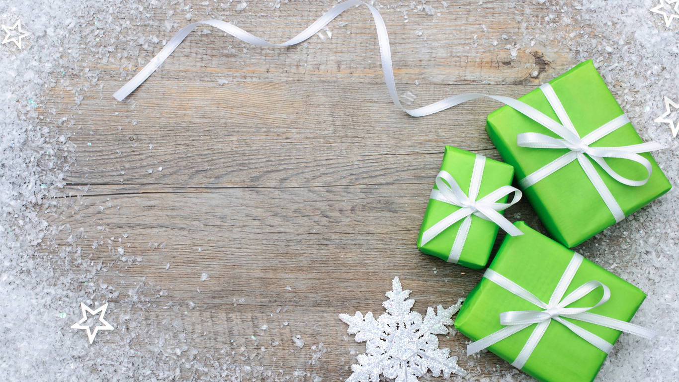 Обои Рождественский подарок, подарок, Рождественский день, праздник, зеленый в разрешении 1366x768