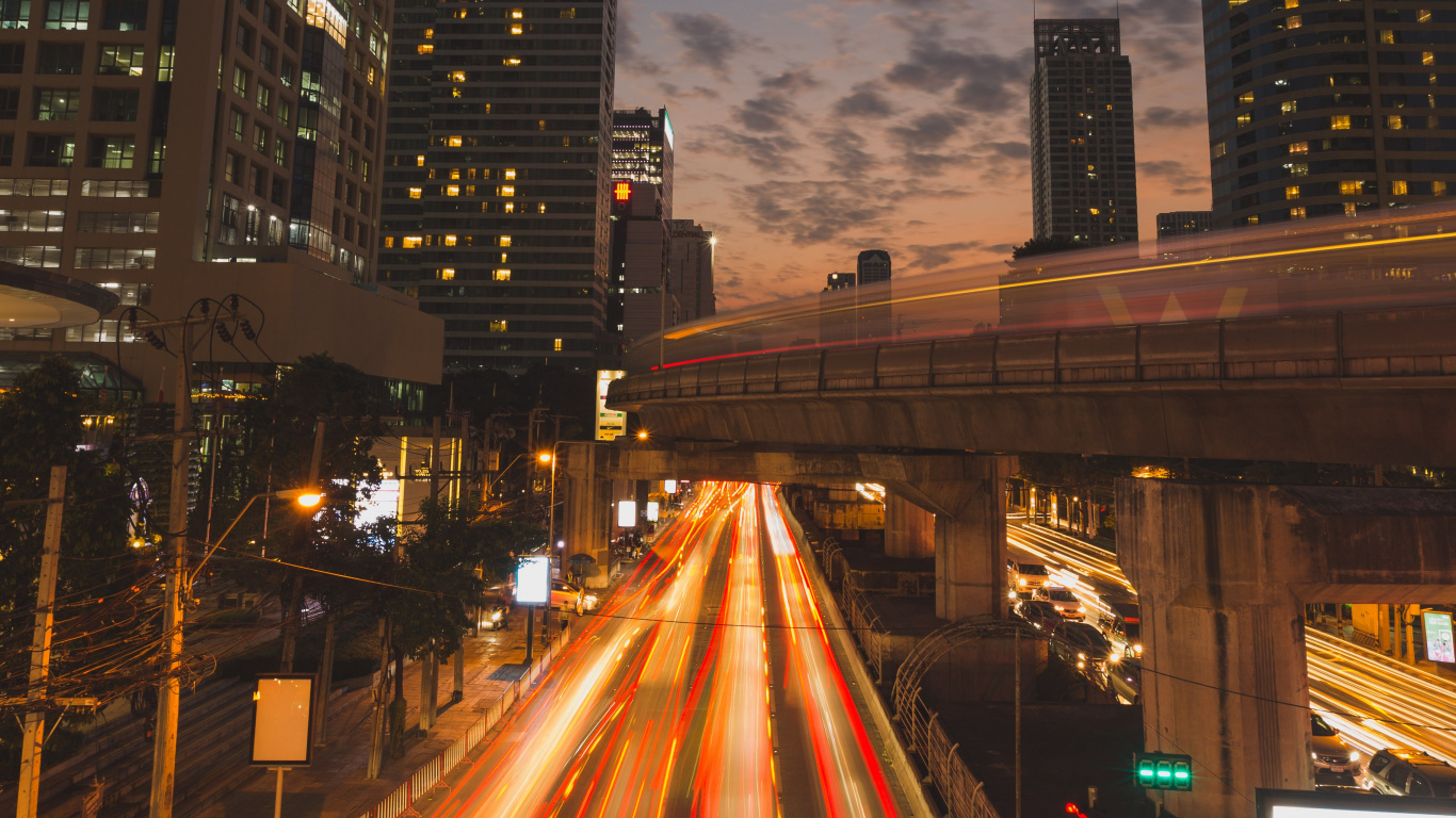 Обои Бангкок, городской район, город, городской пейзаж, ночь в разрешении 1366x768