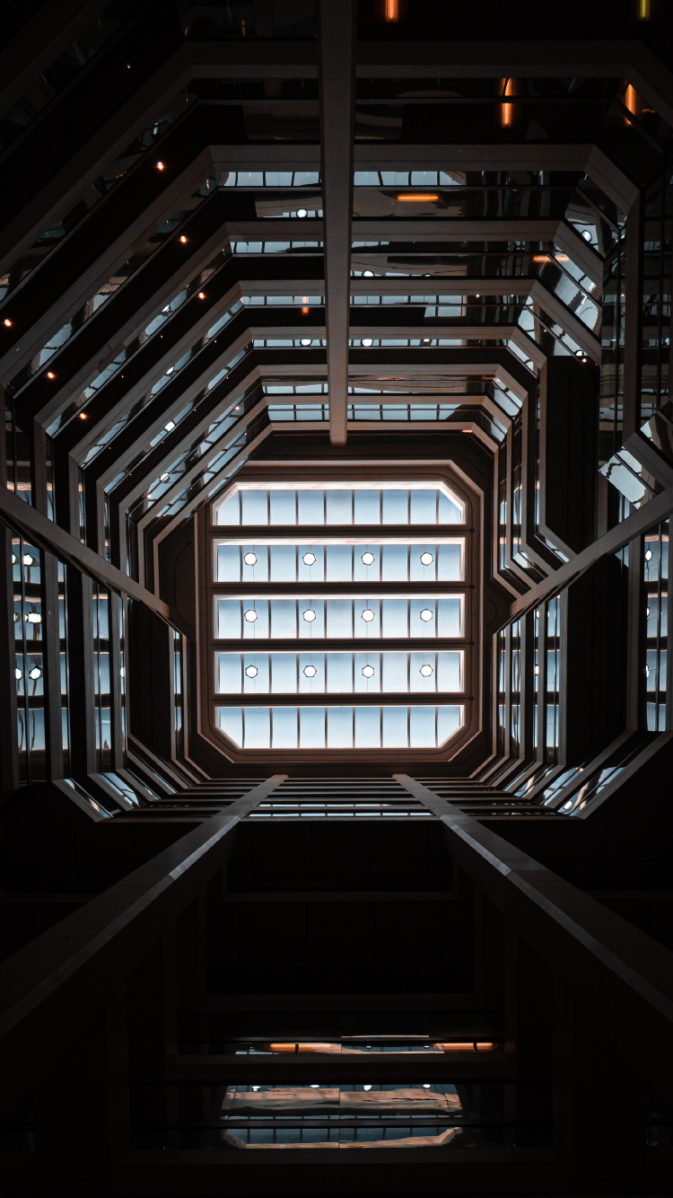 Обои темнота, ночь, свет, симметрия, лестница в разрешении 750x1334