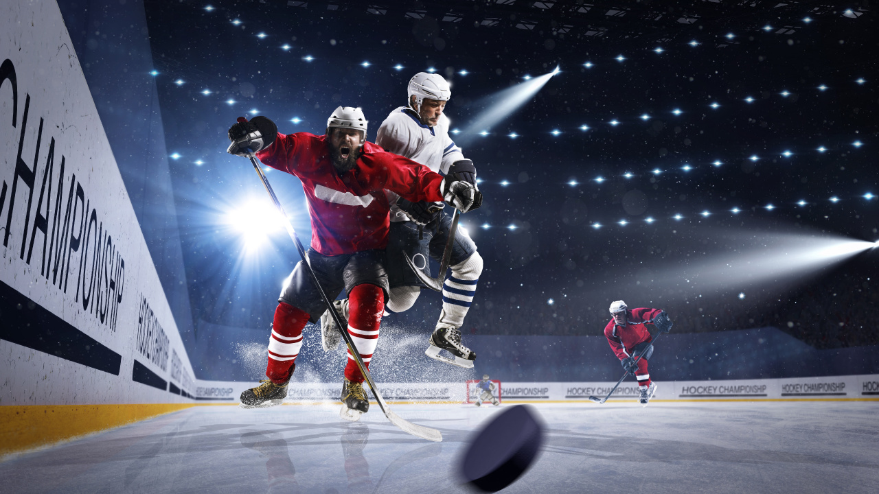 Обои хоккей на льду, хоккейная шайба, хоккей, хоккейная клюшка, командный вид спорта в разрешении 1280x720