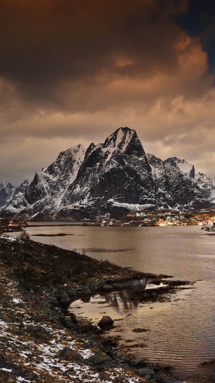 Обои Лофотен, фьорд, горный рельеф, гора, горный хребет в разрешении 720x1280