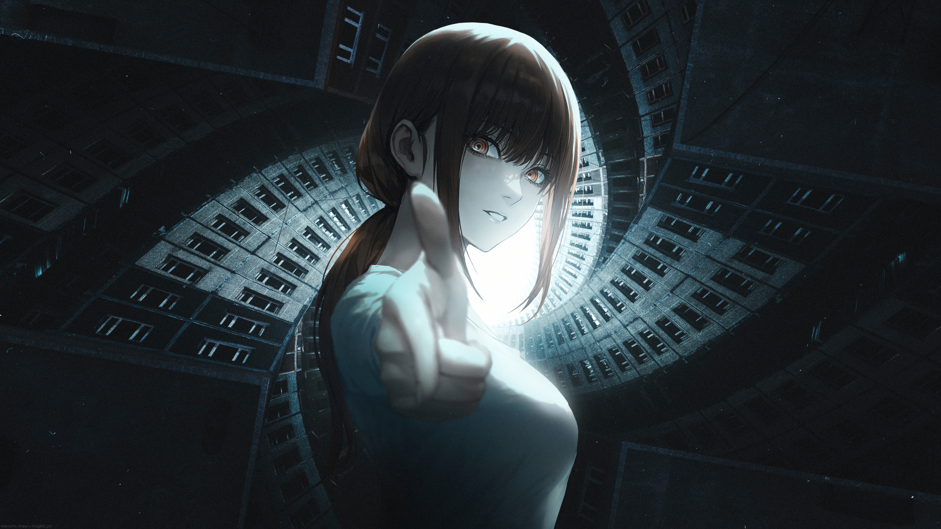 Обои Макима человек с бензопилой 2k, бензопила, аниме, рукав, звуковое оборудование в разрешении 1920x1080