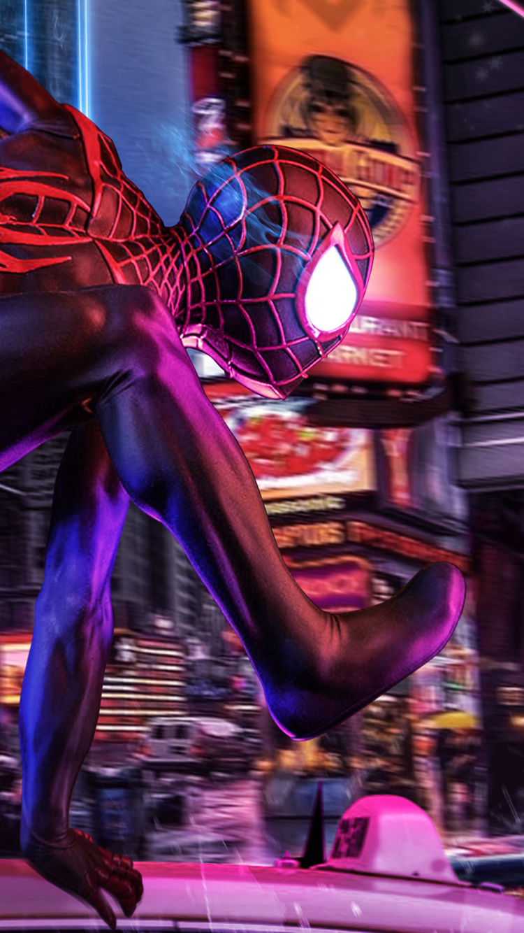 Обои Майлз Моралес, город, комиксы Марвел, неон в разрешении 750x1334