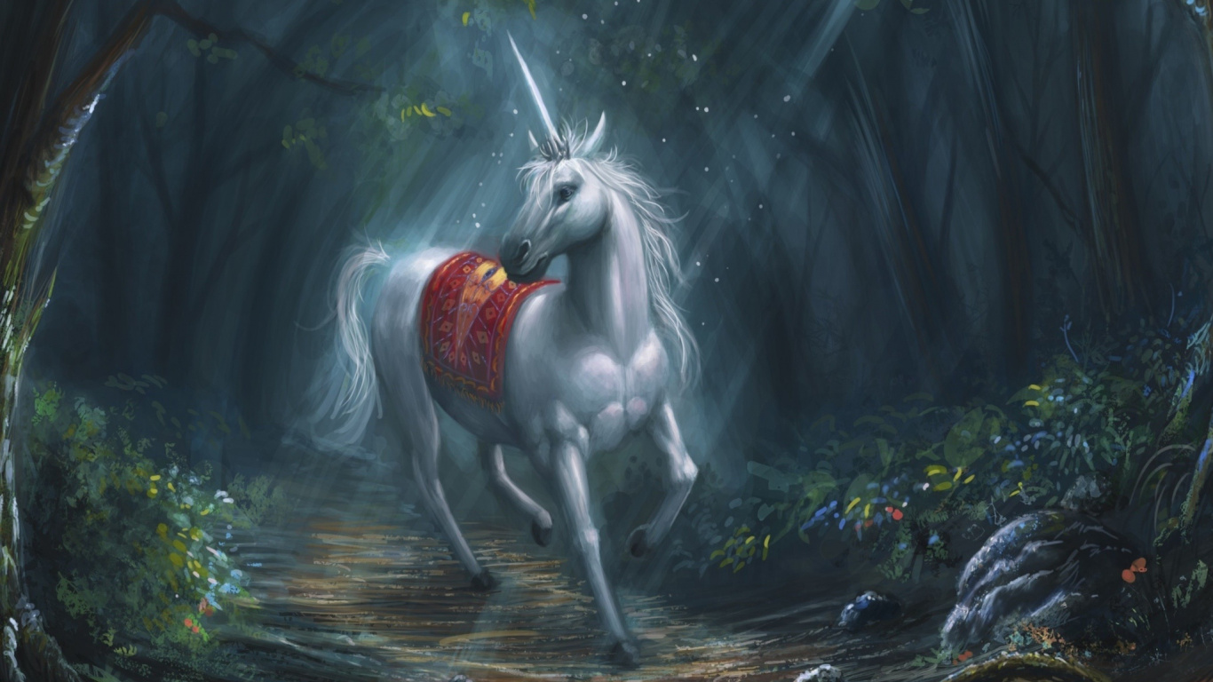Обои единорог, арт, мифическое существо, мифология, живопись в разрешении 1366x768