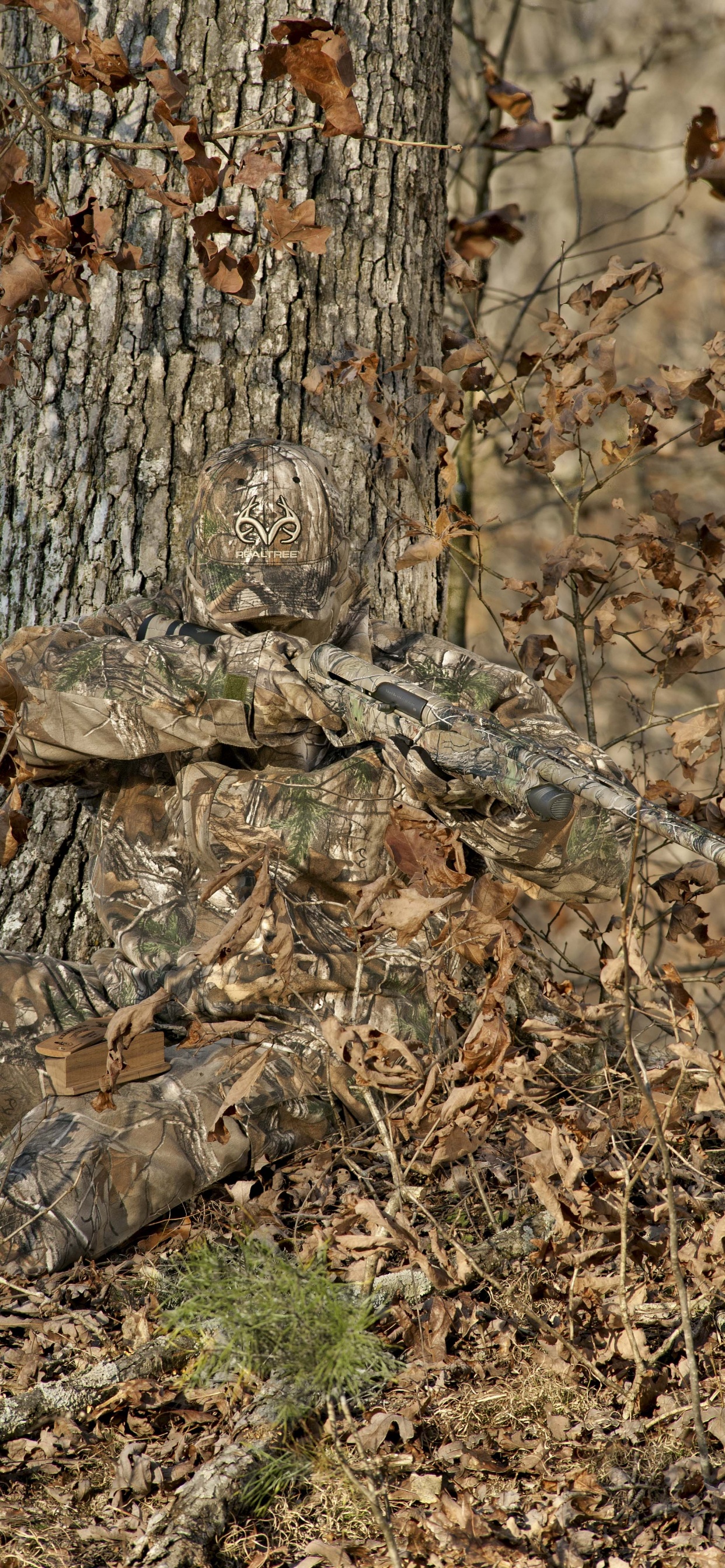 Обои камуфляж, дерево, одежда для охоты, охота, Охота слепой в разрешении 1242x2688