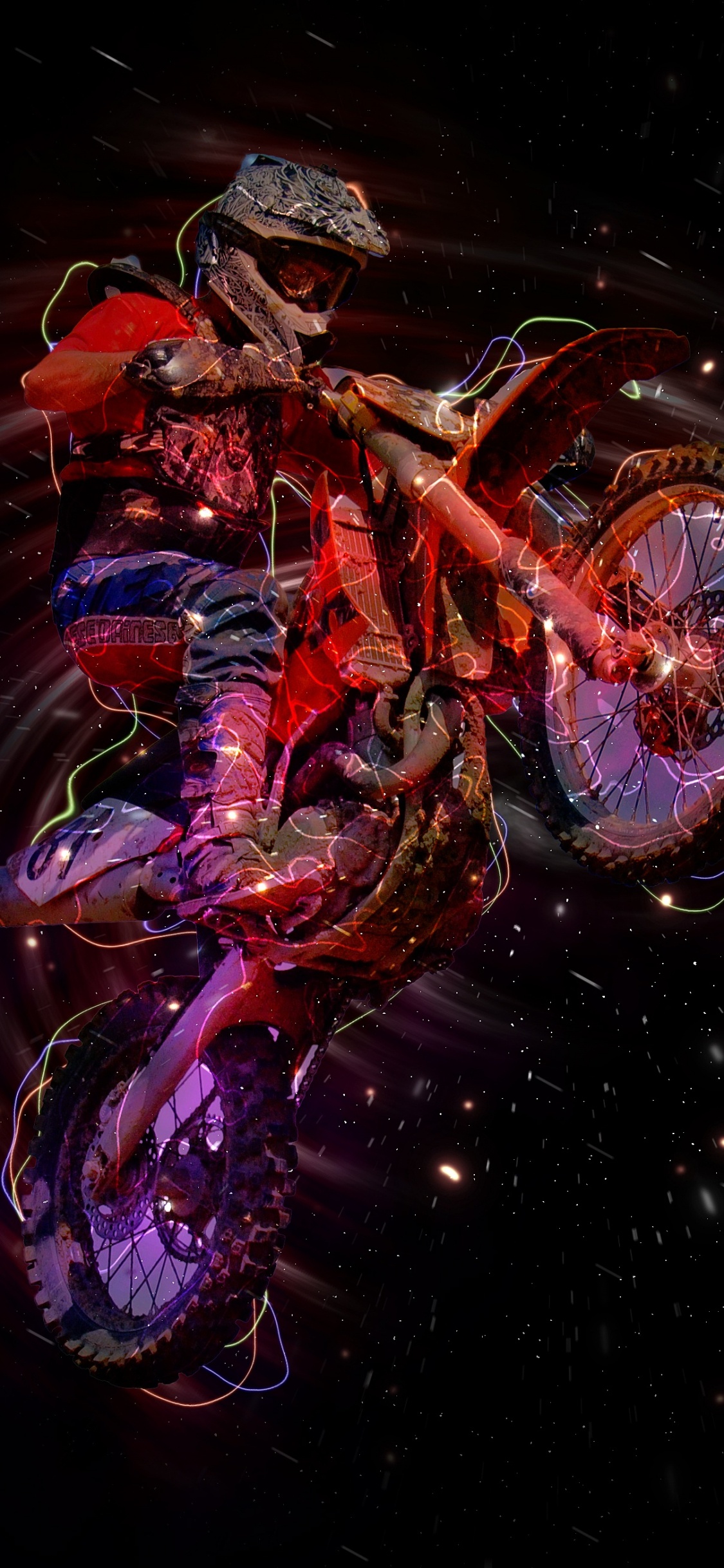 Обои мотоцикл, мотокросс, темнота, графический дизайн, космос в разрешении 1125x2436