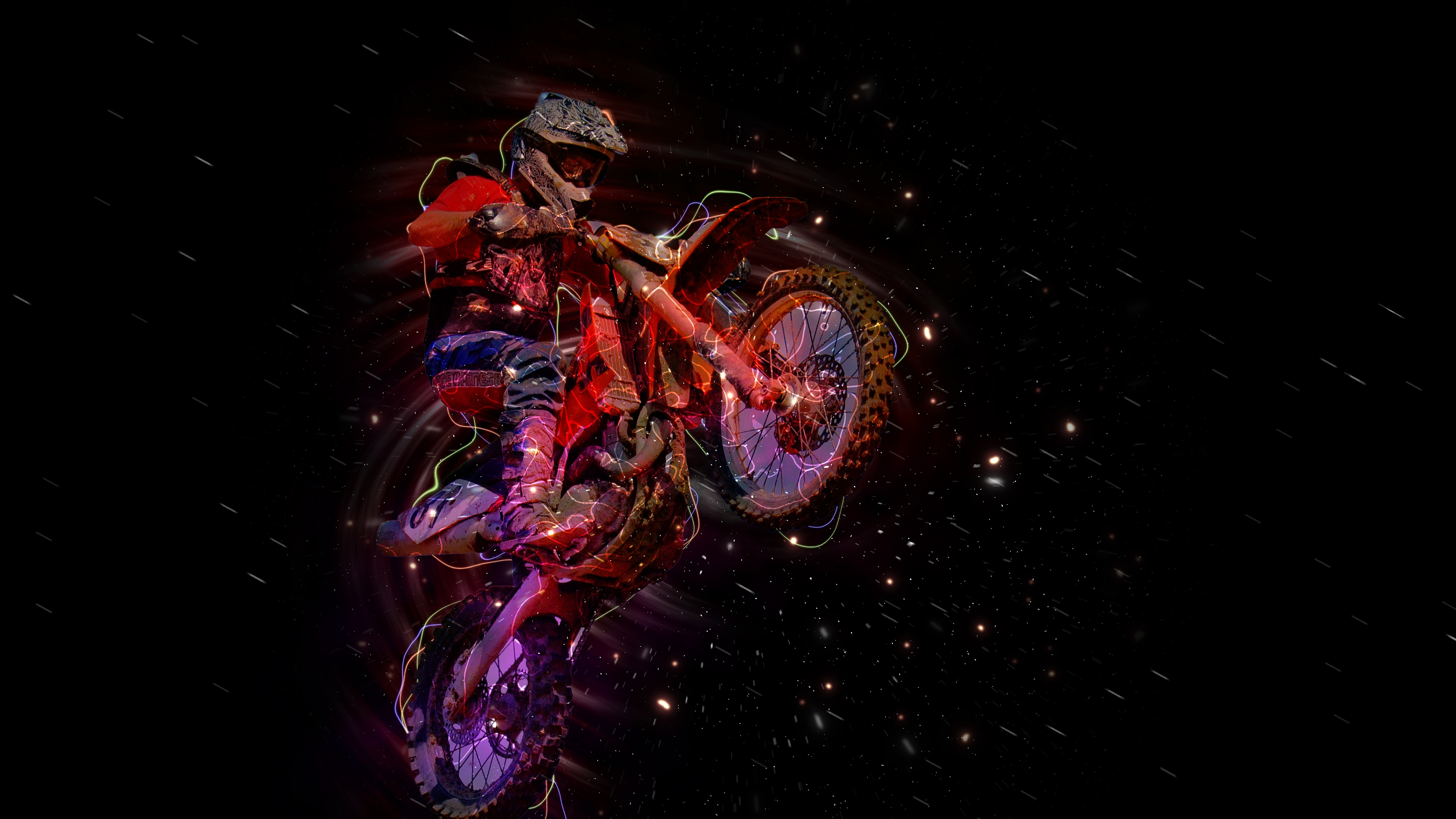 Обои мотоцикл, мотокросс, темнота, графический дизайн, космос в разрешении 3840x2160