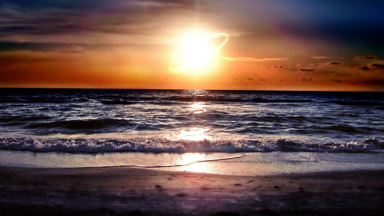 Обои закат, горизонт, океан, восход солнца, море в разрешении 1280x720