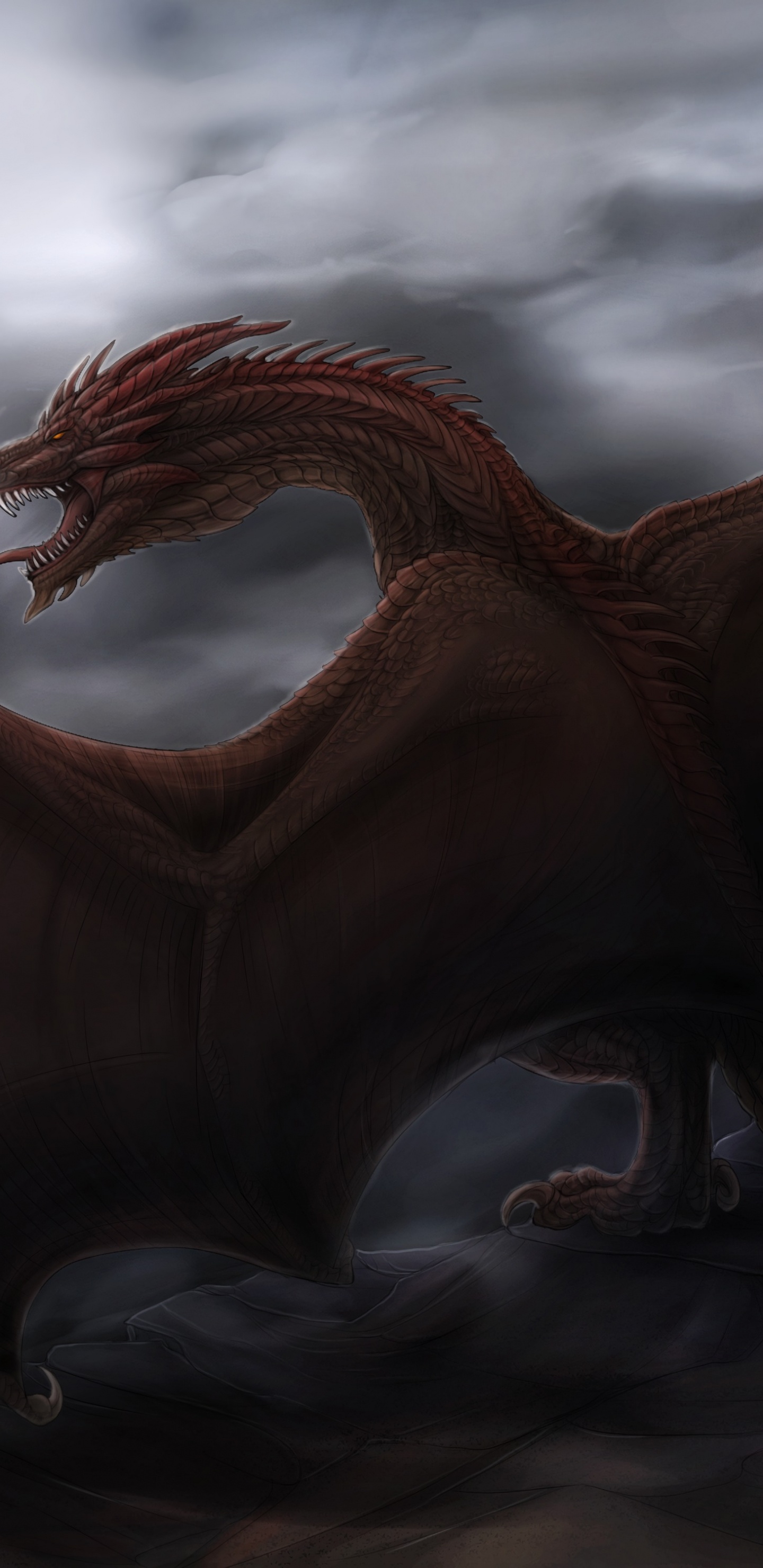 Обои дракон, мифическое существо, иллюстрация, темнота, Cryptid в разрешении 1440x2960