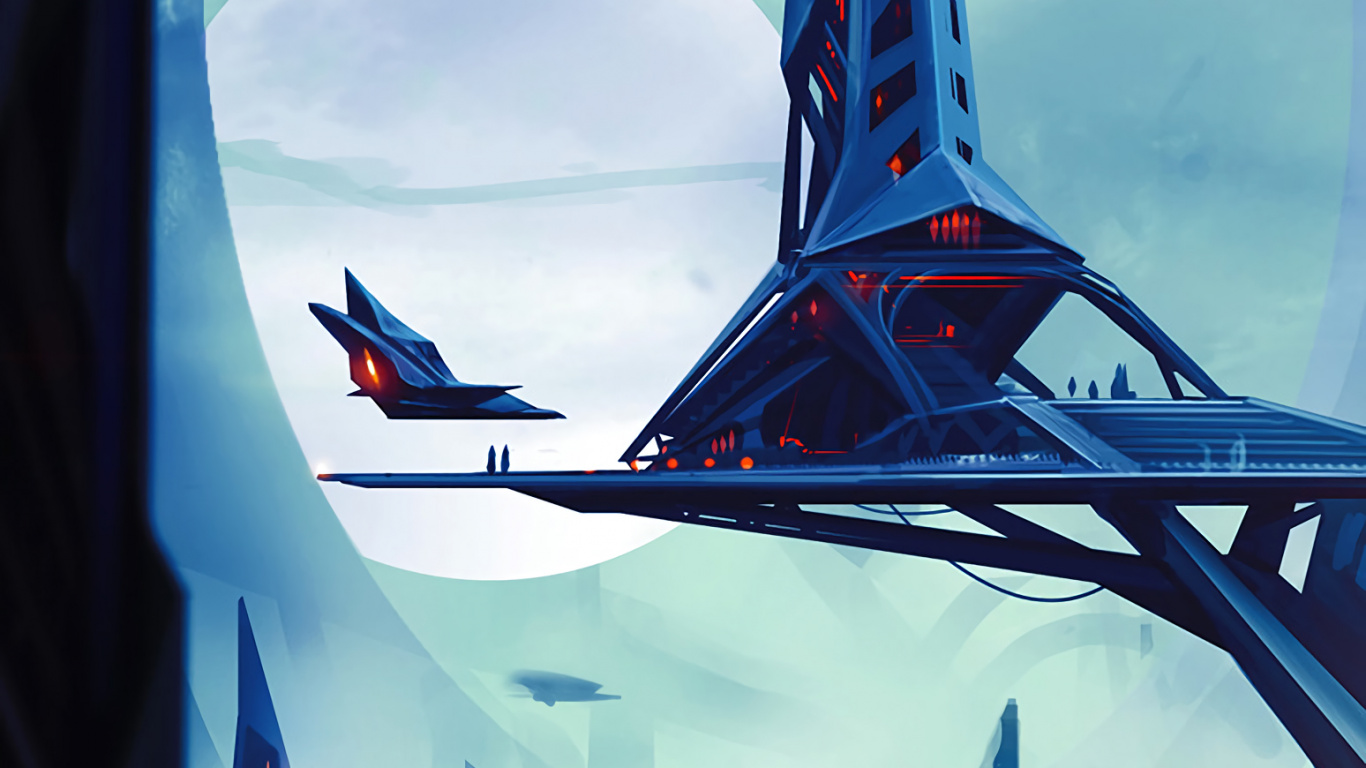 Обои Научная фантастика, арт, научная фантастика искусство, воздушное путешествие, самолет в разрешении 1366x768