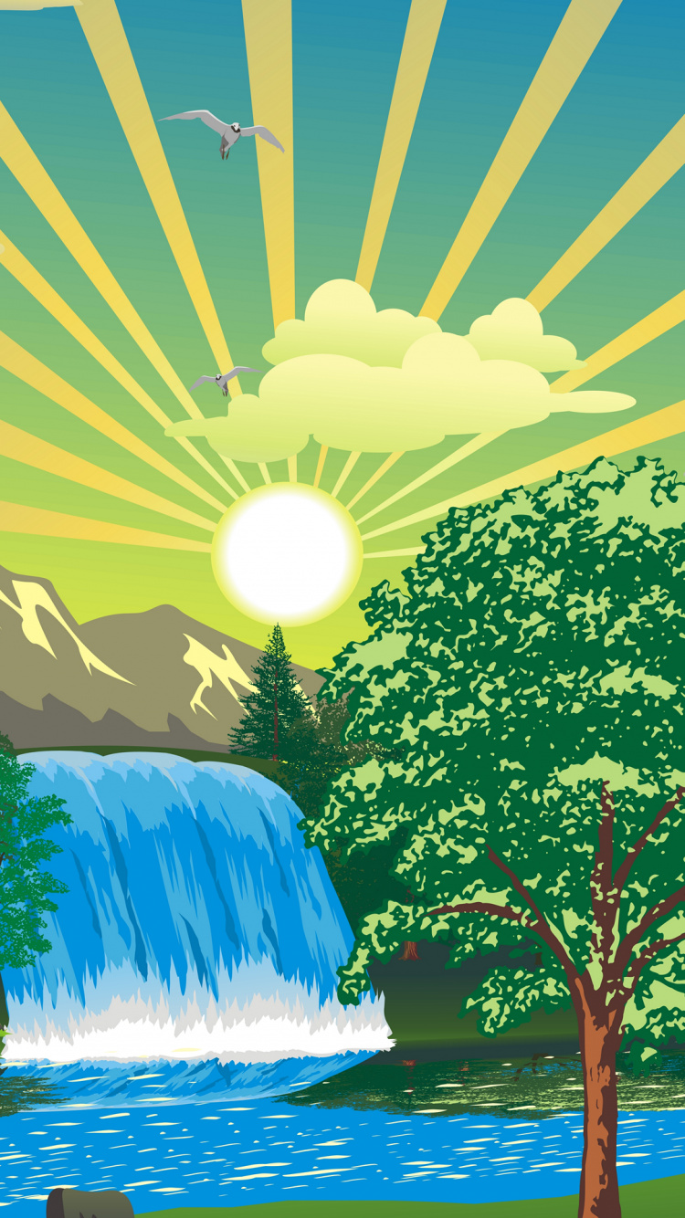 Обои природа, иллюстрация, вода, дневное время, зеленый в разрешении 750x1334