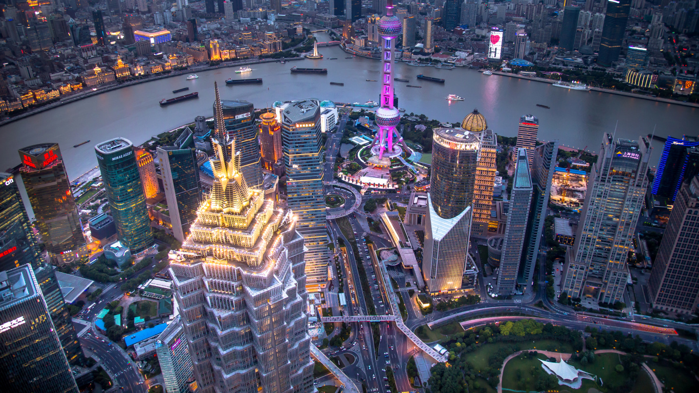 Обои Шанхай, Гонконг, городской пейзаж, метрополия, городской район в разрешении 1366x768