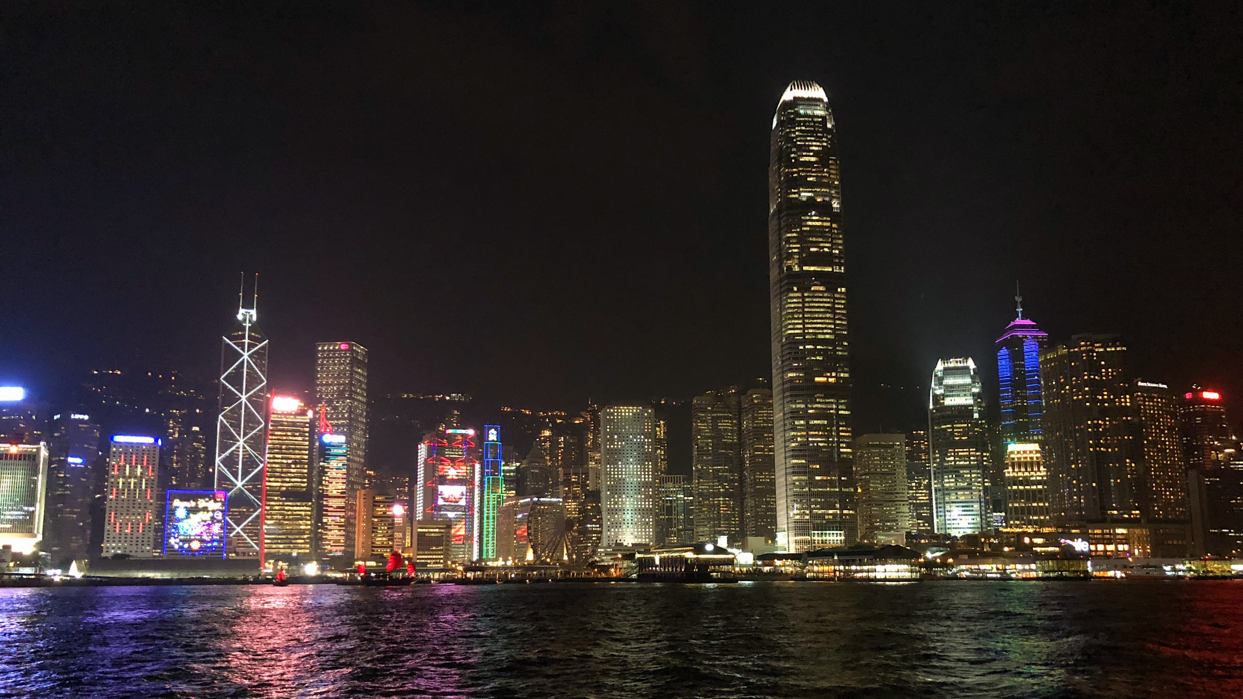 Обои Гонконг, Гавань Виктория, Цим Ша Цуй звездный паромный причал, достопримечательность, ночь в разрешении 2560x1440