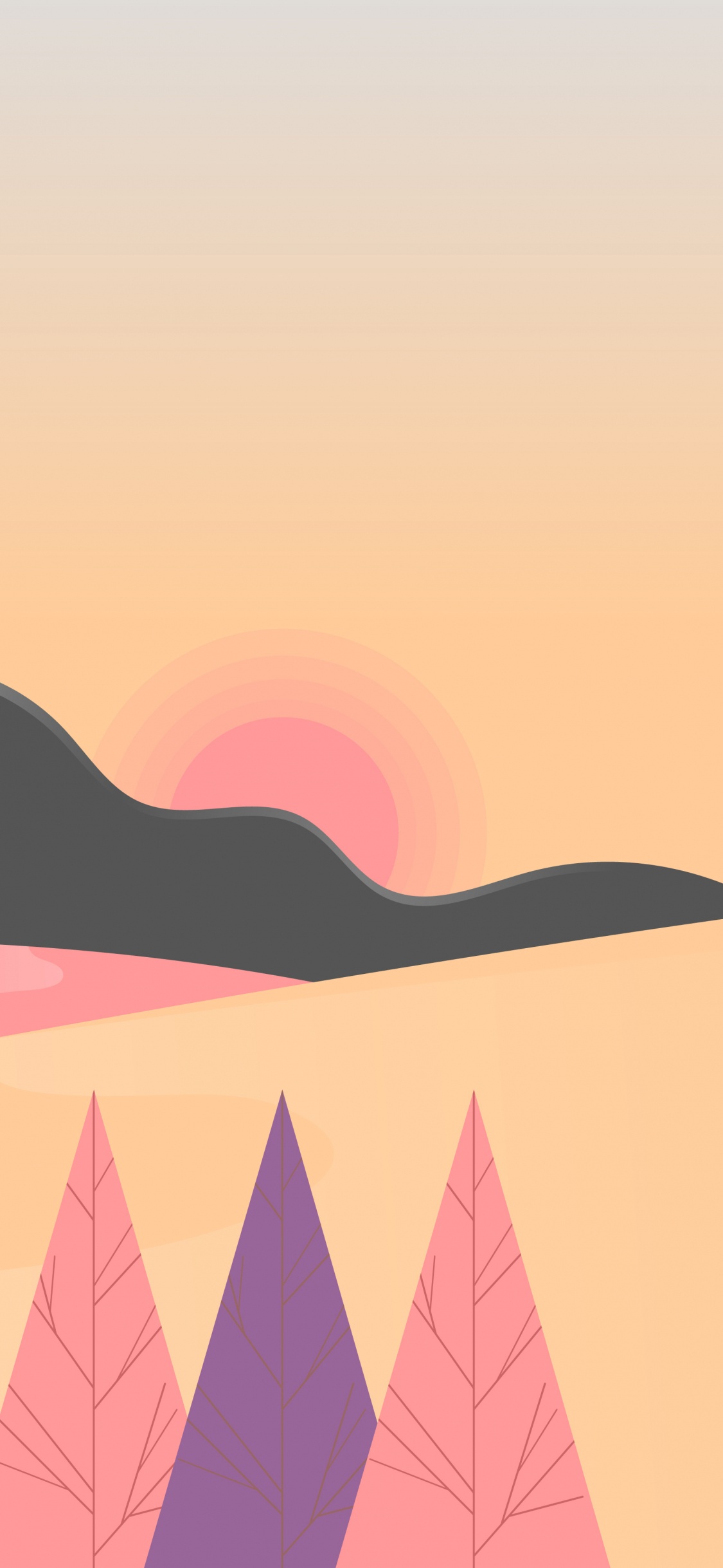 Обои иллюстрация, пейзажи гор, закат, Оранжевый цвет, графика в разрешении 1125x2436