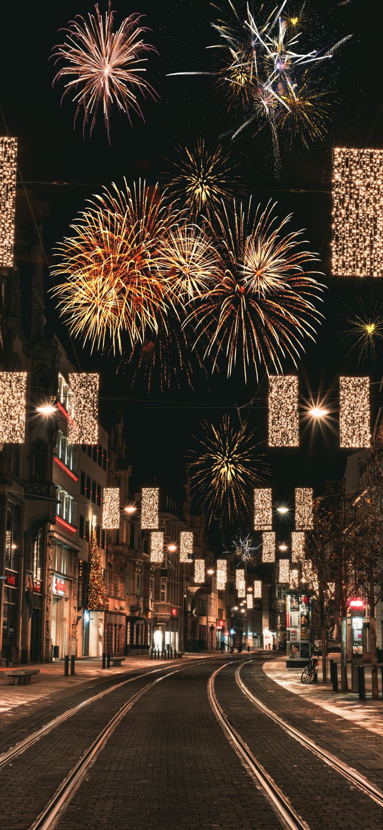 Обои салют, пиротехника, свет, природа, инфраструктура в разрешении 1242x2688