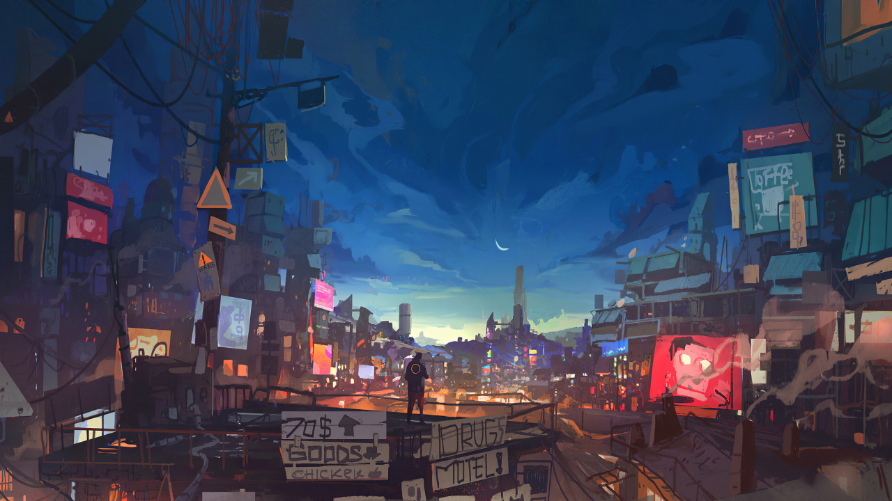 Обои атмосфера, ночь, городской район, артист, город в разрешении 1280x720