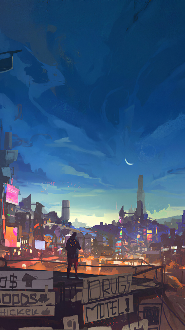 Обои атмосфера, ночь, городской район, артист, город в разрешении 750x1334