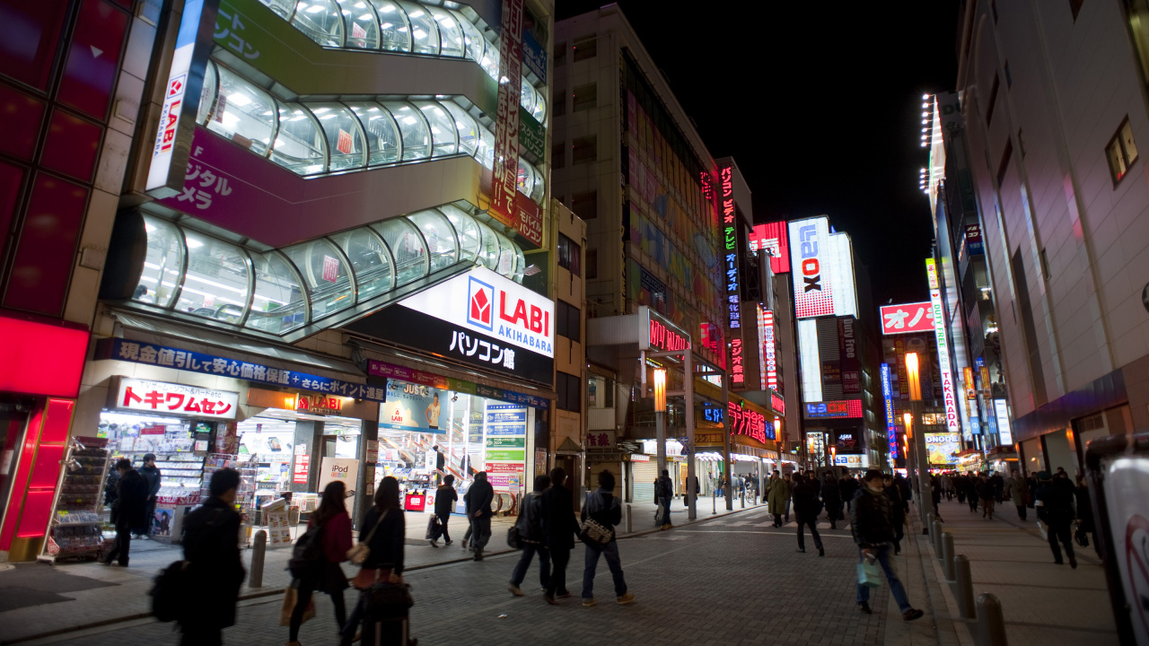 Обои Акихабара, ночь, метрополия, улица, городок в разрешении 1280x720