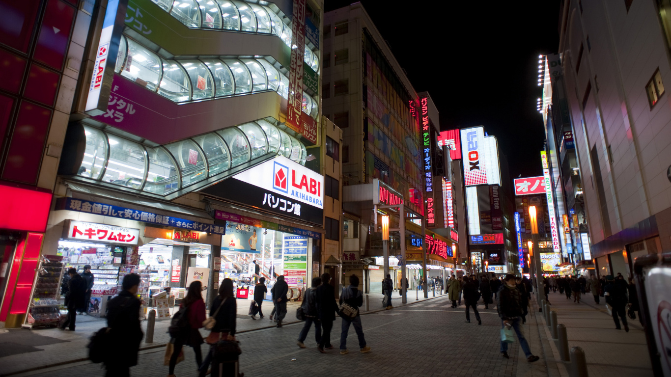 Обои Акихабара, ночь, метрополия, улица, городок в разрешении 1366x768