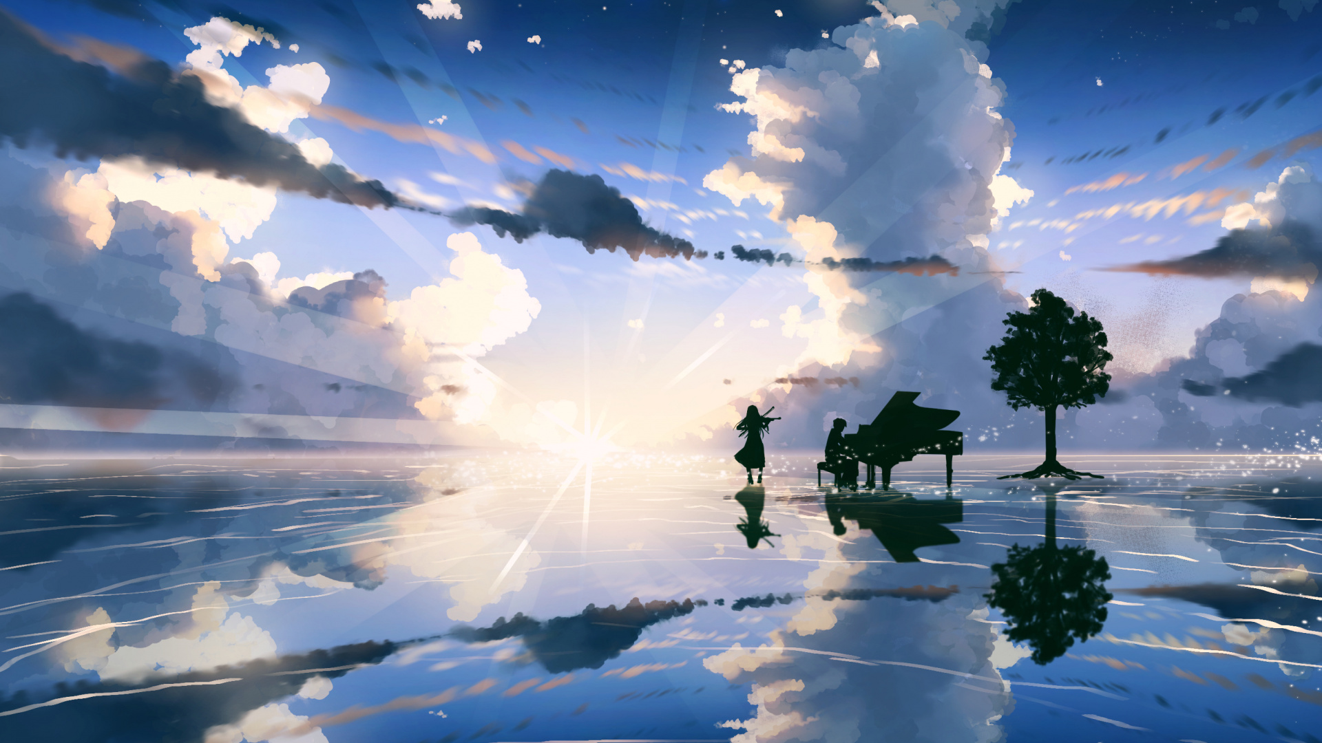 Обои аниме, Манга, природа, природный ландшафт, отражение в разрешении 1920x1080