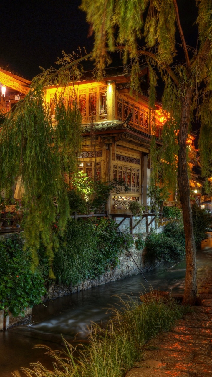 Обои Лиджанга, ночь, освещение, улица, дерево в разрешении 720x1280
